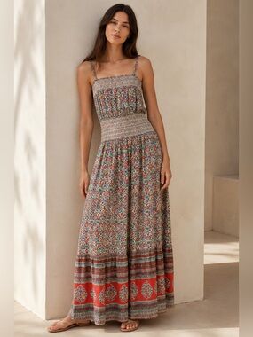 Tory Burch Legacy Paisley Smocked Maxi Dress Boho Size M